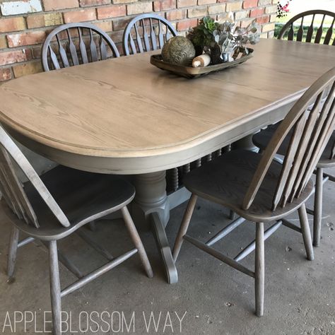 Grey Farmhouse Kitchen Table, Painted Wood Table And Chairs, Wood Table Refinish Ideas, Grey Kitchen Chairs, Gray Dining Chairs With Wood Table, White Wash Dining Table And Chairs, Diy Painting Dining Table And Chairs, Refurbished Dinner Table, Refinished Oak Table