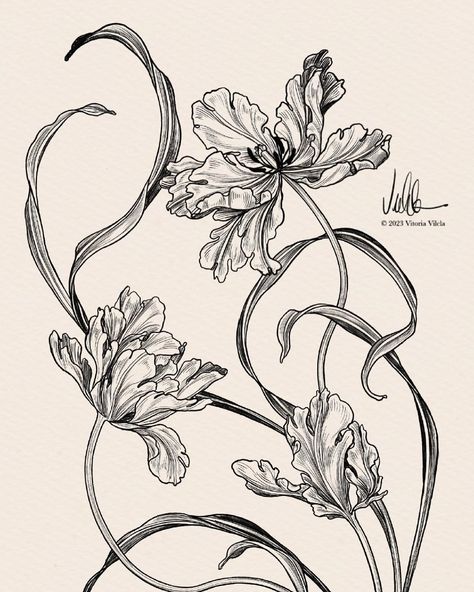 @vv_tattoo Art Nouveau Flowers Illustration, Iris Drawing, Dark Skin Tattoo, Iris Tattoo, Nouveau Tattoo, Botanical Sketchbook, Bug Tattoo, Tattoos For Black Skin, Flower Art Drawing