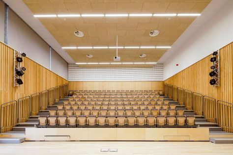 Multi-purpose hall with folding auditorium. Multi Purpose Hall, Sound Reflection, Ceiling Solutions, Church Interior Design, Theater Performance, Lectures Hall, Church Interior, Ceiling Design, Material Design