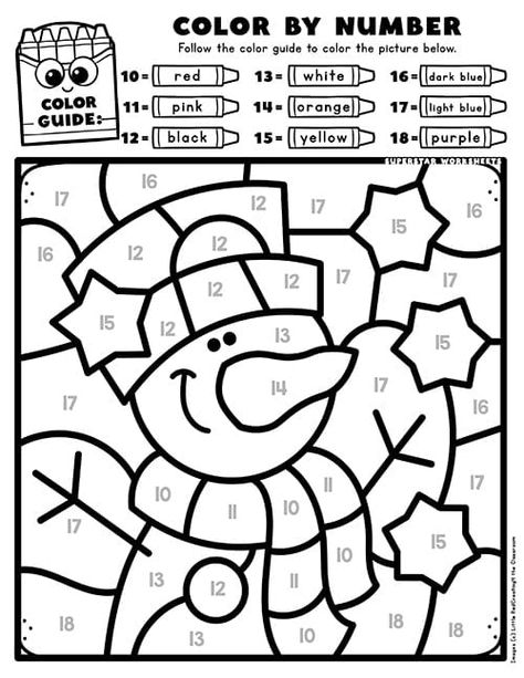 Winter Color by Number - Superstar Worksheets Prek Winter Math Activities, Winter Color By Number Preschool, November Color By Number, Christmas Colour By Numbers For Kids, January Color By Number, Easy Color By Number Printable Free, Kinder Worksheets Free Printable, Winter Activities Kindergarten, Winter Preschool Worksheets