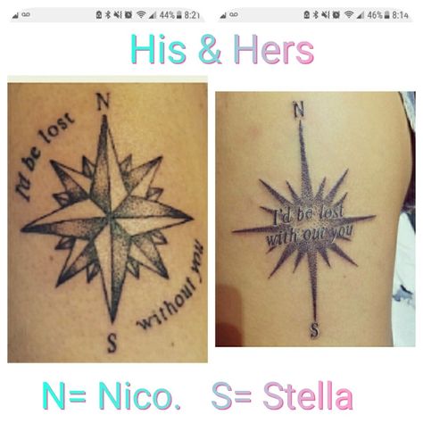 His and hers tattoos. Kids initials. Compass tattoo. North star. Nautical star.  #compasstattoo #hisandhers Tattoo North Star, Anchor And Compass Tattoo, His And Hers Tattoos, Tattoo With Initials, North Compass, Initials Tattoo, Him And Her Tattoos, Nautical Star, Initial Tattoo