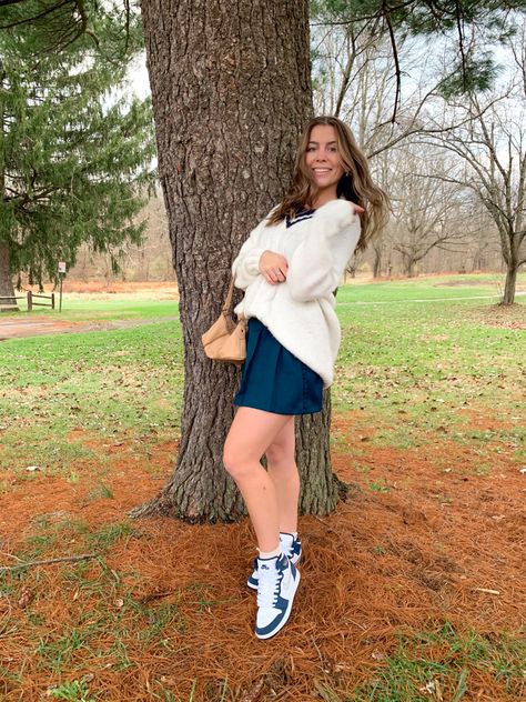 Navy Jordans Outfit, Blue Tennis Skirt, Tumblr Photoshoot, Navy Blue Outfit, Jordan 1 Outfit, Jordan Outfit, Varsity Sweater, Tennis Skirt Outfit, Navy Outfit