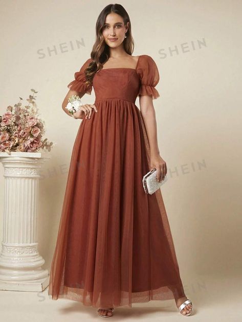 SHEIN UK Latest Bridesmaid Dresses, Brown Bridesmaid Dresses, Rust Bridesmaid Dress, Mesh Overlay Dress, Cotton Caftan, Elegant Bridesmaid Dresses, Long Kaftan, Beaded Chiffon, فستان سهرة