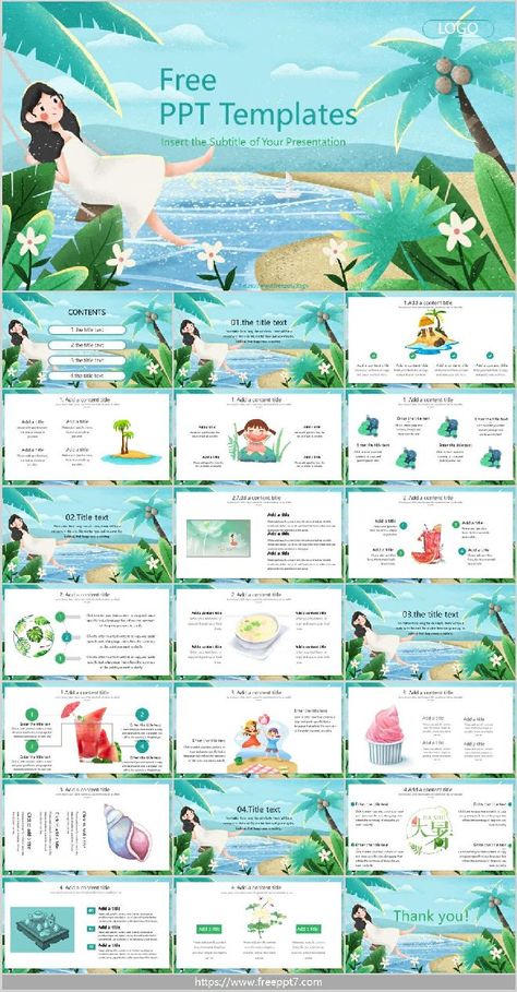 Beach Powerpoint Template, Cute Powerpoint Templates, Summer Template, Summer Elements, Graphic Design Posters Layout, Free Powerpoint Presentations, Free Ppt Template, Girl Swinging, Presentation Slides Design