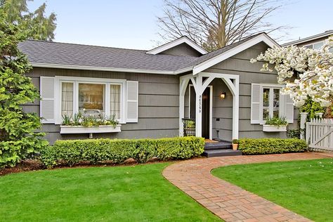 Adorable crisp and clean house Grey And White Cottage Exterior, Grey House With White Shutters, Gray House White Shutters, White Shutters Exterior, 1950s House Exterior, 1950 House Exterior, Ranch Style Homes Exterior Colors, 1950s Houses, Doorway Frame