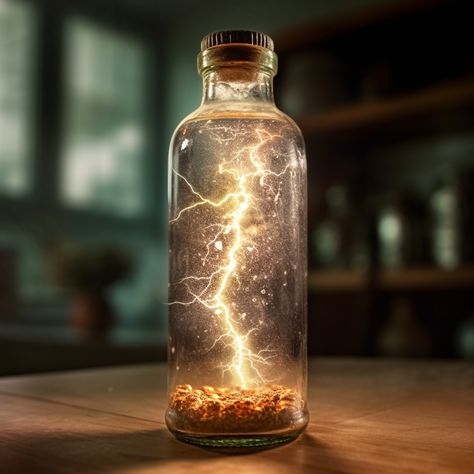 An old cork-top bottle filled with liquid lightning Stones In Glass Jar, Lightning In A Bottle Drawing, Lightning In A Bottle Tattoo, Apothecary Tattoo, Storm In A Bottle, Lightning Wizard, Lightning In A Bottle, Bottle Drawing, Bottle Tattoo