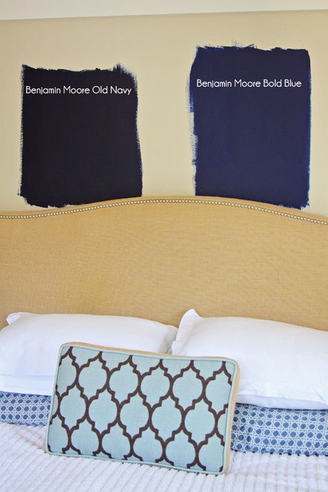 paiges of style: Which Navy for our Bedroom Walls? Small Room Paint, Dining Room Navy, Navy Blue Paint Colors, Benjamin Moore Blue, Best Bedroom Paint Colors, Farmhouse Style Bedroom Decor, Navy Blue Paint, Modern Farmhouse Style Bedroom, Bold Bedroom