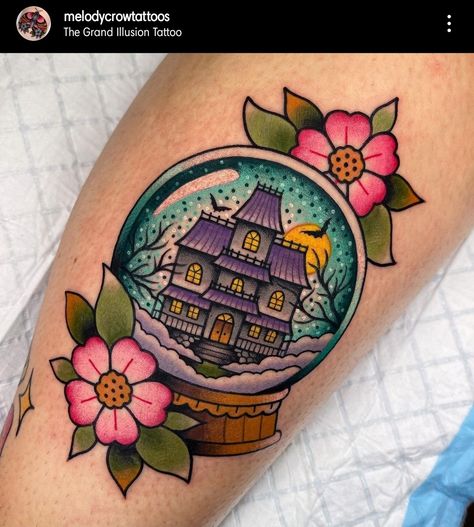 Halloween Snowglobe Tattoo, Snow Globe Tattoo, Snowglobe Tattoo, Tornado Tattoo, Harry Potter Snow Globe, Crystal Ball Tattoo, Circular Tattoo, Globe Tattoos, Traditional Style Tattoo