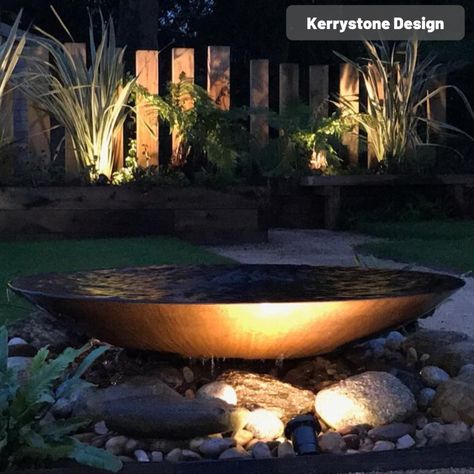 Driveway Water Feature, Corten Steel Water Bowl, Rain Water Feature, Water Bowl Garden, Mid Century Modern Water Feature, Corten Steel Water Feature, Large Outdoor Fountains, Garden Landscaping Diy, Modern Water Feature