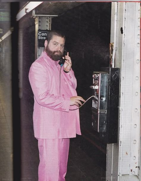 Zach Galifianakis, Phone Booth, Pink Suit, Make Photo, Man Humor, Comedians, Make Me Smile, I Laughed, Pretty In Pink