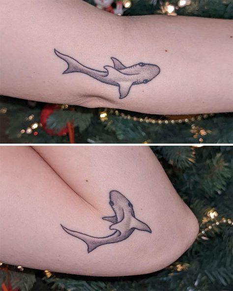 Spooky Shark Tattoo, Shark Elbow Tattoo, Inner Knee Tattoo, Jaws Tattoo, Inner Elbow Tattoo, Elbow Tattoo Ideas, Inner Elbow Tattoos, Colon Tattoo, Moving On Tattoos