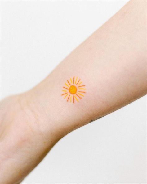 Melting Sun Tattoo, Sun Tattoo Small Sunshine, Delicate Sun Tattoo, Yellow Ink Tattoo, Sun Cloud Tattoo, Watercolor Sun Tattoo, Yellow Ink Tattoos, Yellow Sun Tattoo, Mini Sun Tattoo