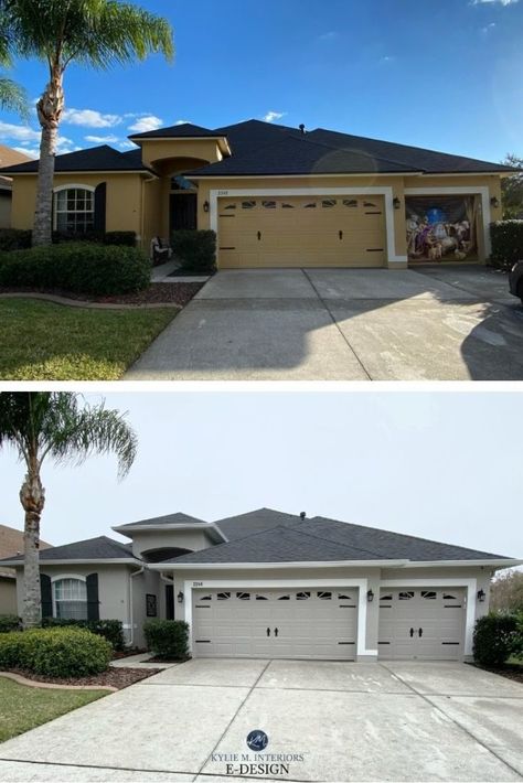 House Stucco Exterior Ideas, Greige Stucco Exterior, Requisite Gray Sherwin Williams Exterior, Grey Exterior House Colors Stucco, Exterior Paint Colors For House Stucco, Light Grey Stucco House Exterior, Painted Stucco Exterior Before And After, Greige Exterior House Colors White Trim, Gray Stucco House Exterior