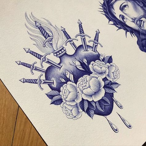 Sacred Heart Art, Sacred Heart Tattoos, Creative Tattoo, Tattoo Portfolio, E Tattoo, Heart Drawing, 1 Tattoo, Tattoo Art Drawings, Tattoo Flash Art