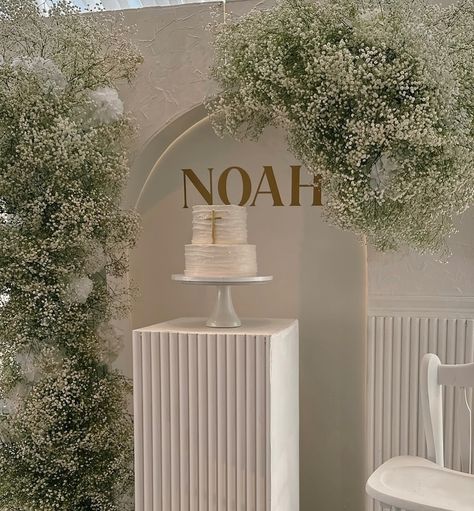 Classic and elegant design for Noah’s Baptism ✨ Neutral Baptism Decor, Baby Boy Baptism Ideas, Baby Boy Baptism Decorations, Baby Boy Christening Decorations, Boy Baptism Ideas, Boy Christening Decorations, Boy Baptism Decorations, Baptism Party Decor, Winter Baptism