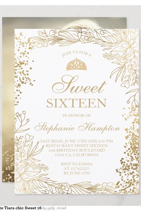 Chic gold floral white Tiara chic Sweet 16 Invitation White Tiara, 16 Invitations, Sweet 16 Invitations, Floral White, Gold Floral, 16th Birthday, Sweet Sixteen, Sweet 16, Tiara