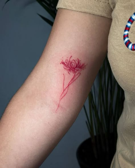 Red Spider Lily Tattoo On Back, Small Tattoo Color, Red Tattoo Words, Small Tattoos Arm, Red Spider Lily Tattoo, Coloring Tattoo, Spider Lily Tattoo, Fine Tattoo, Tattoo Colorful