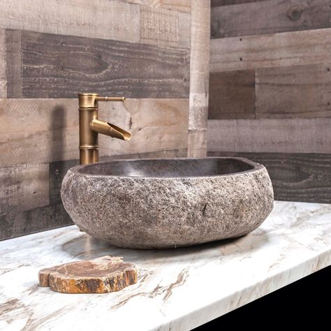 Upgrade your bathroom with our stunning sinks – choose from the raw, natural Black Stone Vessel Sink, Stone Bathroom Basin, Bathroom With Stone Sink, Stone Bowl Sink, Stone Basin Bathroom, Stone Sinks Bathroom, Viking Interior, Rock Sink, Stone Vessel Sink Bathroom