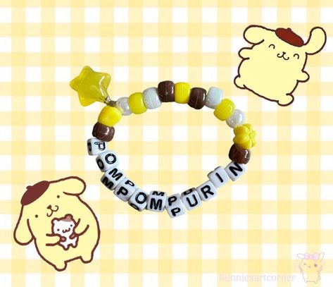 Cute Sanrio themed bracelet! . . . . . . . #kawaii #sanrio #sanriocore #pompompurin #kandi #kandikid #rave #beadedjewelry Kandi Bracelets Ideas, Pulseras Kandi, Sanrio Pompompurin, Kandi Kid, Cute Sanrio, Kawaii Sanrio, Kandi Bracelets, Pony Beads, Beaded Jewelry