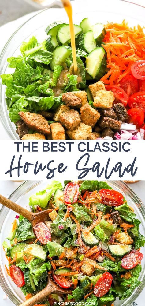 Whip up a classic house salad in minutes! Perfect as a side for any meal. This is the salad that goes with everything and is very easy to prepare, loaded with fresh veggies and crunchy croutons. #EasyRecipes #SaladLove" Salad Recipes Clean Eating, Main Salad, Side Salad Recipes, Red Wine Vinaigrette, Resep Salad, Fresh Salad Recipes, House Salad, Best Salad Recipes, Salad Recipes For Dinner