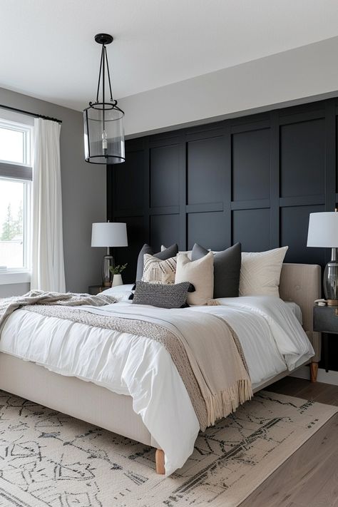 Top 15 Black Themed Bedroom Ideas for a Cozy Look Bedroom Wallpaper Accent Wall, Black Accent Walls, Accent Wall Bedroom, Bedroom Accent, Wallpaper Accent Wall, Simple Bedroom, Blue Bedroom, Wallpaper Bedroom, Bedroom Themes