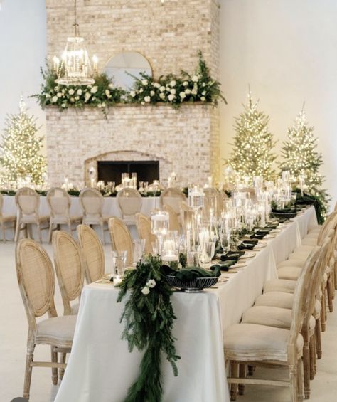 Winter Ceremony Arch, Green Ivory And Gold Winter Wedding, Emerald Green Winter Wedding Decor, White Winter Wedding Decorations, Wedding Table Decorations Winter, Olive Green Winter Wedding, Emerald Christmas Wedding, Indoor Winter Wedding Ceremony, December Wedding Aesthetic