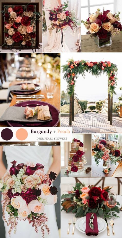 Burgundy Wedding Colors, Rustic Wedding Decorations, Maroon Wedding, November Wedding, Wedding Color Inspiration, Fall Wedding Flowers, Peach Wedding, Fall Wedding Colors, Wedding Preparation