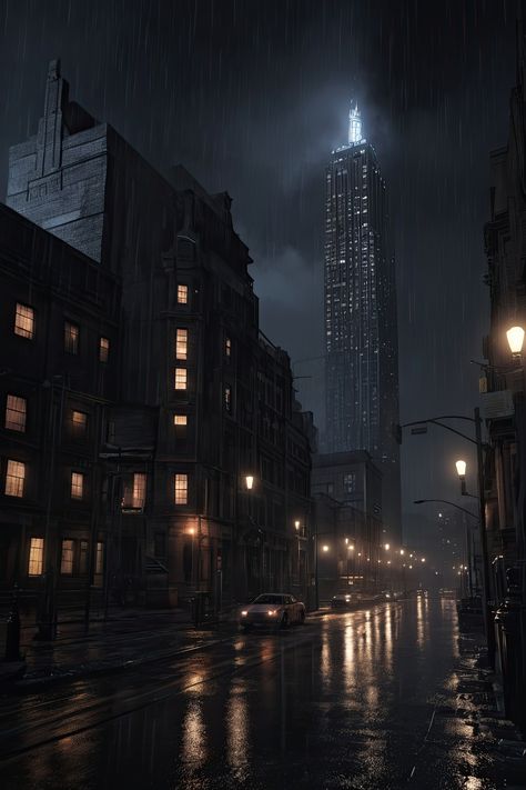 Immerse yourself in the mesmerizing beauty of Gotham City at night. The ultra-realistic depiction showcases Wayne Tower amid a torrential downpour, evoking a captivating dark aesthetic. The level of detail in the real-looking buildings and the hyper-realistic ambiance create a stunning visual experience. . #GothamCity #WayneTower #DarkAesthetic #HyperRealistic #UltraRealistic #RainyNight New York City Dark Aesthetic, Noir City Art, Rainy Dark Aesthetic, Dark Urban Aesthetic, Gotham City Aesthetic, Wayne Tower, Gotham City Skyline, Gotham Aesthetic, Noir City