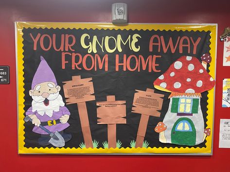 Gnome themed RA bulletin Fantasy Bulletin Board, Mushroom Bulletin Board, Gnome Classroom Door, Gnome Bulletin Board Ideas, Ra Themes Floors, Gnome Classroom Theme, Gnome Bulletin Board, Ra Hall Themes, Gnome Classroom