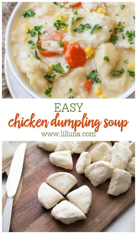 Our all-time favorite version of one of the most classic soup recipes - Chicken and Dumplings! This simple, delicious soup is filled with chunks of chicken and pieces of biscuit, along with your favorite veggies! #chickendumplingsoup #chickenanddumplings #chickenandbiscuit #chickensoup #dumplingsoup Chicken Anf Dumplings, Chicken And Dimplings, Healthy Delicious Soups, Chicken And Dumpling Soup, Chicken Soup Recipes Homemade, College Recipes, Chicken Dumpling, Pantry Meals, Chicken Dumpling Soup