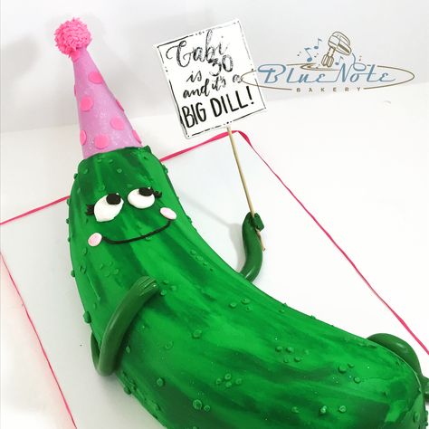 Big Dill pickle cake. Cucumber Cake Design, Pickle Shaped Birthday Cake, Pickle Cake Decoration, Pickle Birthday Cakes, Pickle Cake Ideas, Pickle Party Decorations, Pickle Party Theme, Pickle Themed Birthday Party, Pickle Birthday Party