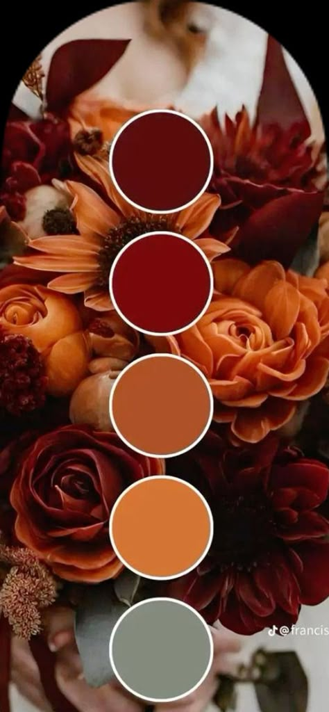 Rust Orange Color Palette Wedding, Fall Wedding Cinnamon Color, Orange And Maroon Color Palette, Cranberry And Rust Wedding, Maroon Orange Color Palette, November Wedding Decorations Diy, Beach Wedding Fall Colors, Wedding Color Palette Burnt Orange, Art Deco Fall Wedding