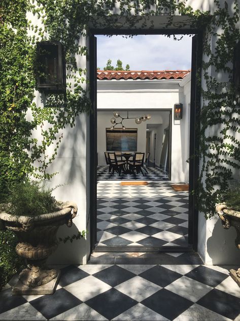 Checkered Paver Walkway, Checkered Walkway, Brewery Patio, Terrace Patio, Georgia Fowler, Mediterranean Mansion, Covered Balcony, Landscape Inspiration, Mediterranean Style Homes