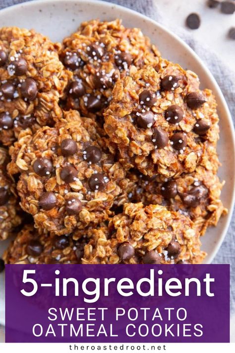 5-Ingredient Sweet Potato Oatmeal Cookies that are easy to make and require just one bowl and a handful of wholesome ingredients. Chewy and hearty, these flourless sweet potato cookies are a feel-good treat you can enjoy every day! Sweet Potato Dessert Healthy, Canned Sweet Potato Recipes, Sweet Potato Oatmeal, Sweet Potato Dessert Recipes, Sweet Potato Snacks, Potato Cookies, Flourless Desserts, Sweet Potato Cookies, Sweet Potato Dessert