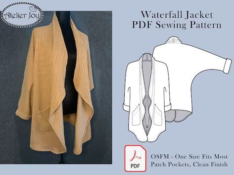 AtelierJoy - Etsy Waterfall Jacket Pattern, Cape Pattern Sewing, Jacket Sewing Pattern, Vest Sewing Pattern, Burda Sewing Patterns, Jacket Sewing, Waterfall Jacket, Womens Knitting Patterns, Women's Sewing Pattern