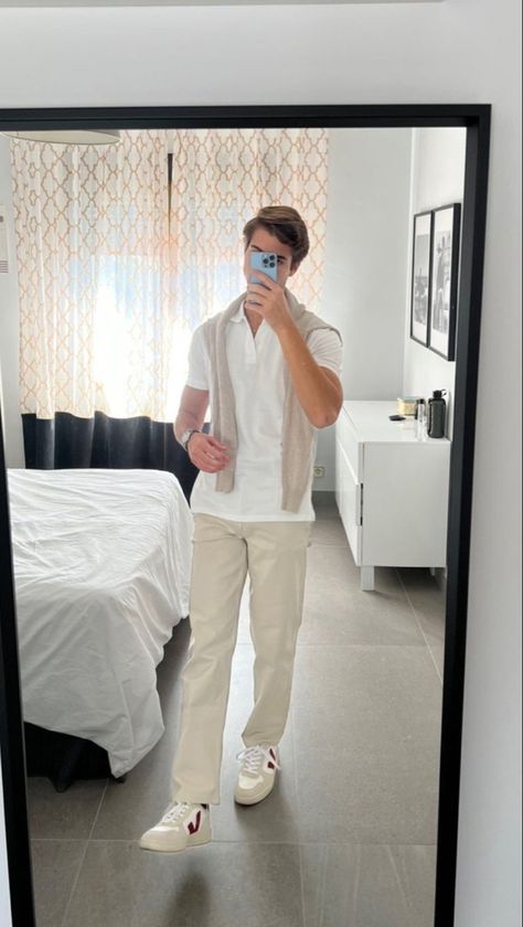 Wealthy Aesthetic Outfit Men, All White Guys Outfit, Men White Polo Outfit, Mens Modest Fashion, Gen Z Aesthetic Fashion Men, Mens White Outfit Classy, Men’s Nice Casual Outfit, Polo Button Up Outfit Men, Men’s White Outfit