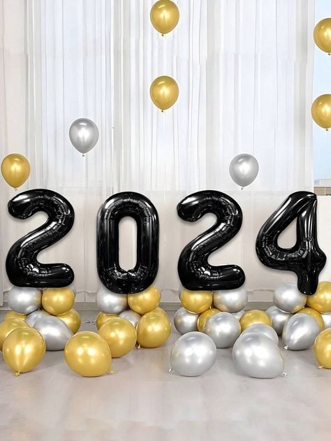 4pcs 16-inch Black 2024 New Year Balloon Glue Chain, 2024 Digital Balloon Set Perfect For New Year Party Black Gold Balloon Decoration, Party Room Wall Decoration, New Year Outdoor Fence Decoration | SHEIN USA 2024 Balloons, Outdoor Decorations Ideas, Gold Balloons Decorations, Outdoor Fence Decor, Decoration New Year, Outdoor Fence, Black And Gold Balloons, Room Wall Decoration, Party Room