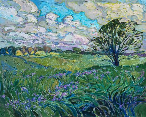 Texas hill country landscape of wildflowers in spring, by American impressionist Erin Hanson. Country Landscape Paintings, Ideas Painting Canvas, Erin Hansen, Impressionistic Paintings, Bright Landscape, Texas Landscape, Blue Wildflowers, Moving Clouds, American Impressionism