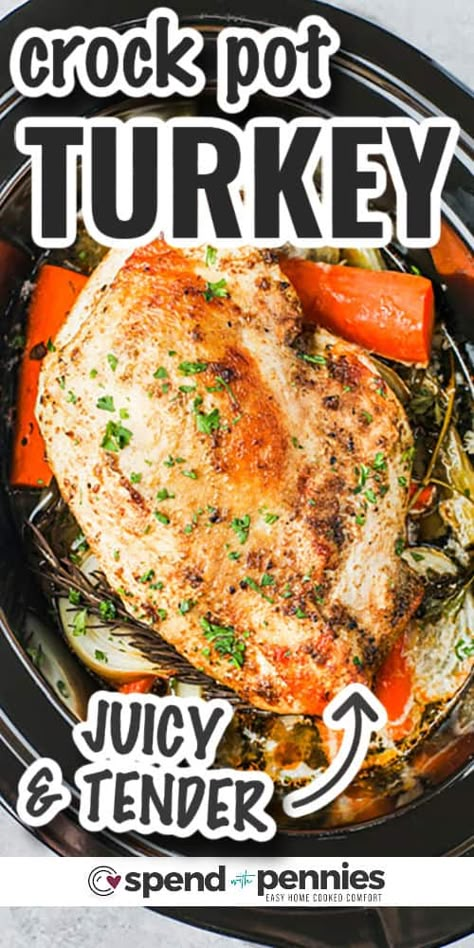 The holidays have never been so easy as with this incredibly juicy Crockpot turkey breast recipe. Why not cook the entree in the slow cooker and leave the oven free for all those tasty sides? #spendwithpennies #crockpotturkeybreast #entree #recipe #boneless #bonein #easy #best #slowcooker #thanksgiving Turkey Breast In Crockpot, Crock Pot Turkey Breast, Slow Cook Turkey, Crockpot Turkey Breast, Crock Pot Turkey, Turkey Cooking Times, Turkey Breast Crockpot, Cooking Turkey Breast, Slow Cooker Turkey Breast