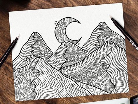 MOUNTAIN PATTERNS by Megan Steele Line Doodles, Sharpie Crafts, Easy Mandala Drawing, Mandela Art, Mandala Art Therapy, Zen Doodle Art, Heart Drawing, Line Art Design, Mountain Scene