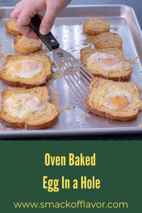 Oven Over Easy Eggs, Egg In Toast Hole Oven, Egg In Hole Toast, Baked Egg Toast, Egg In A Hole Oven, Toad In A Hole, Egg Toast Breakfast, Sandwich With Bacon, Oven Baked Eggs