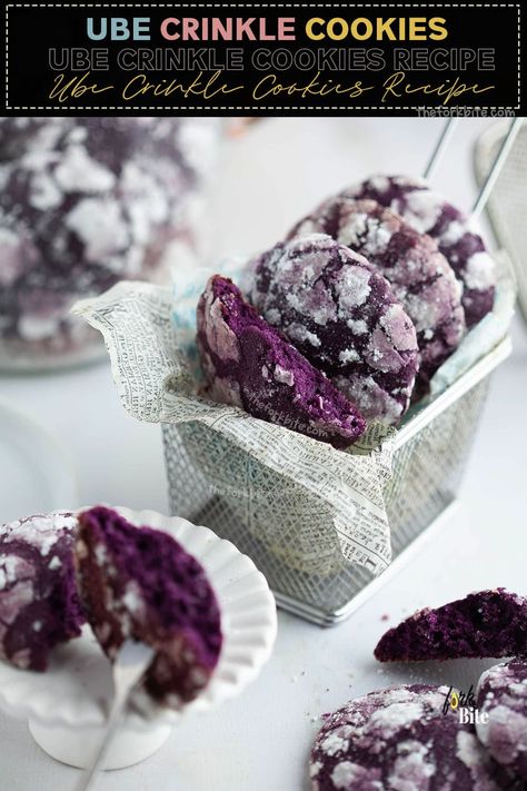 Try these Ube crinkle cookies if you have a sweet tooth for freshly-baked cookies or appreciate the rich flavor of purple yum cookies! Ube Crinkles Cookies Recipe, Ube Crinkle Cookies, Purple Yam Cookie, Rice Flour Cookies, Cracked Cookies, Crinkle Cookies Recipe, Purple Yam, Vegetarian Desserts, Dessert Bar Recipe