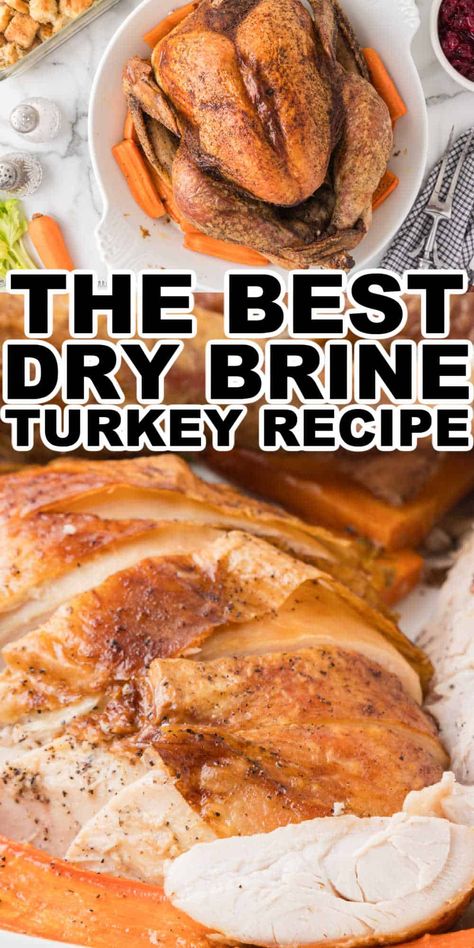 How to dry brine a turkey. This Dry Salt Brine for Turkey gives the turkey amazing flavor, and keeps the turkey meat perfectly most while baking. Perfect Turkey Brine, Salt Brined Turkey, Dry Brine For Turkey Breast, Easy Brine For Turkey Breast, Brines For Turkey, Apple Juice Turkey Brine Recipes, Dry Turkey Brine Recipe, Salt Brine For Turkey, Turkey Dry Brine Recipes