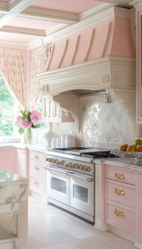 I love this tile backsplash. Comoplements the light pink beautifully and to me, it seems a bit elevated from cute country pink. Girly Kitchen Decor Apartment, Girly Kitchen Decor, Girly Kitchen, Pink Kitchen Designs, Pink Kitchen Ideas, Fall Decor Kitchen, French Country Kitchen Ideas, Pink Kitchens, French Country Kitchen Designs