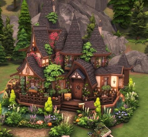 Sims 4 Witches House, Sims 4 Occult House, Sims 4 Witch House Cc, Realm Of Magic Sims 4 House, Sims 4 Cottages, Sims 4 Witch Cottage, Sims 4 Magic House, Sims Landscaping, Witch Cottage Exterior