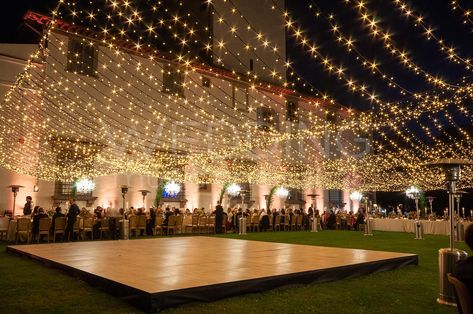 Sangeet Fairy Light Decor, Fairy Lights Wedding Dance Floor, Wedding Dance Floor Fairy Lights, Outdoor Wedding Dance Floor Lighting, Fairy Lights Entrance Decor Wedding, Fairy Light Dance Floor Wedding, Fairy Lights Over Dance Floor Wedding, Lights Over Dance Floor Wedding, Dance Floor Backdrop