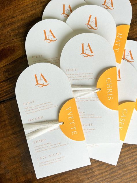 Orange Menu Design, Bright Wedding Stationery, Unique Name Cards Wedding, Wedding Invitations Color Schemes, Cricut Place Cards, Orange Stationary, Unique Menu Design, Wedding Invitations Color, Creative Place Cards Wedding