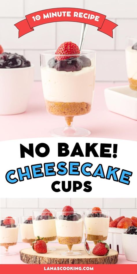 These mini No Bake Cheesecake Cups are a great choice for any occasion from a family dinner to a buffet style party. They use basic ingredients and take just 10 minutes of prep time. The hardest part of this recipe is waiting for the cheesecakes to chill! Mini Cup Cheesecake, Easy Cheesecake Cups No Bake, Easy Cheesecake Recipes No Bake Mini, Small Cheesecake Recipe No Bake, Mini Cheesecakes For Weddings, No Bake Cheesecake Mini Cups, No Bake Mini Cheesecake Cups, Easy Cheesecake Cups, Cheesecake Cups Individual