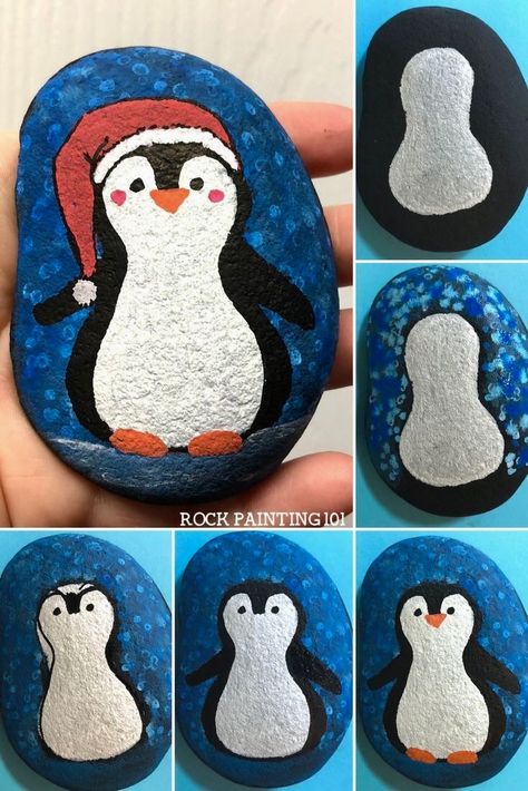 Draw A Penguin, Chirstmas Decor, Painted Rock Animals, Block Painting, Happy Stones, Painted Rocks Kids, Painted Rocks Craft, Christmas Rock, Painted Rocks Diy