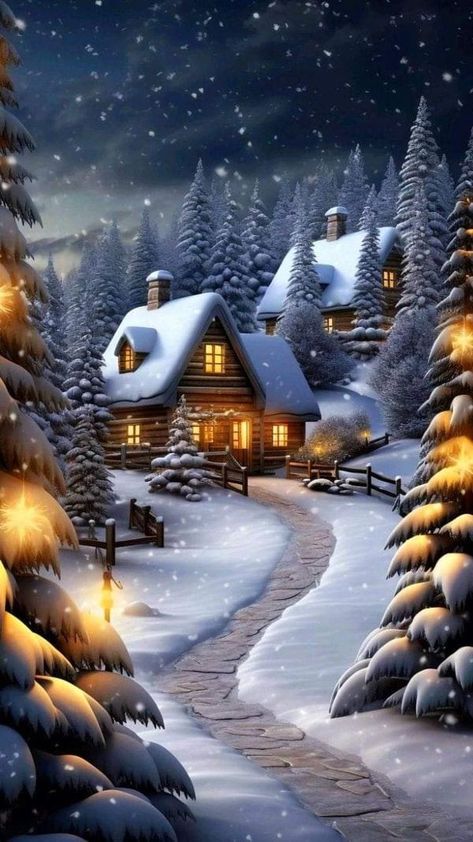 Winter Wonderland Background, Christmas Card Pictures, Beautiful Winter Scenes, Merry Christmas Pictures, Magical Night, Christmas Beauty, Landscape Paintings Acrylic, Dream Cottage, Winter Magic